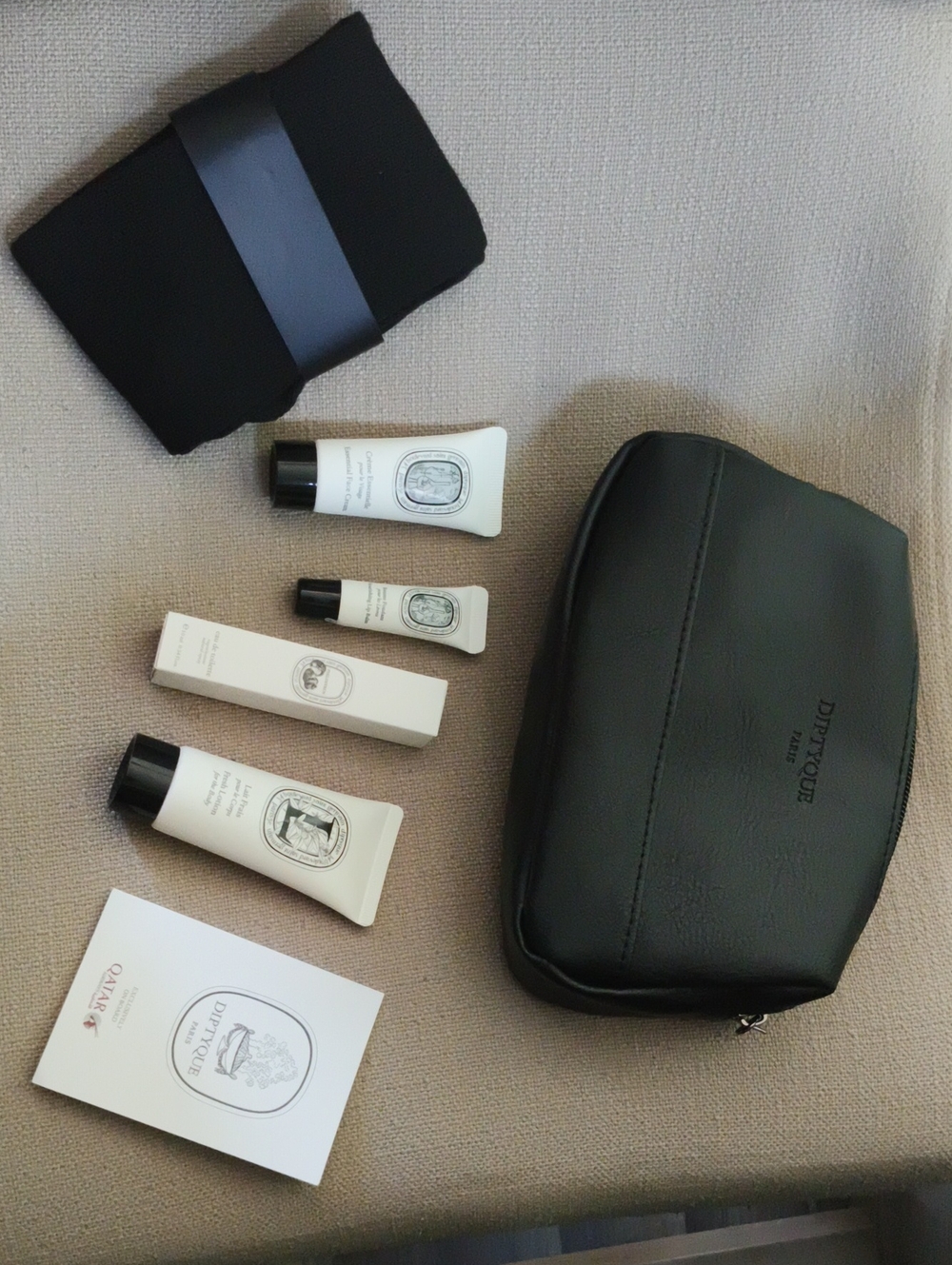 diptyque x Qatar Airways Black Travel Skincare Pouch with Toiletries Cream Tubes